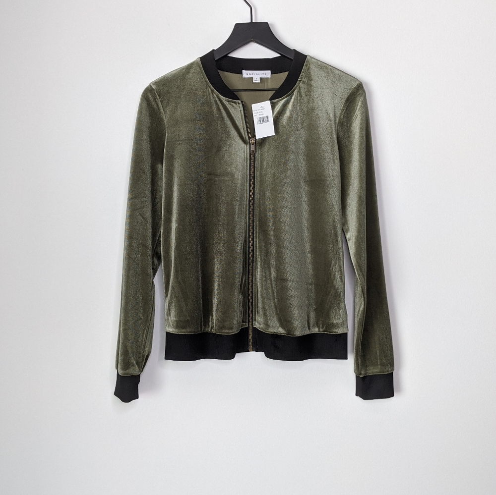Socialite Green Black Velvet Zip Up Bomber Jacket